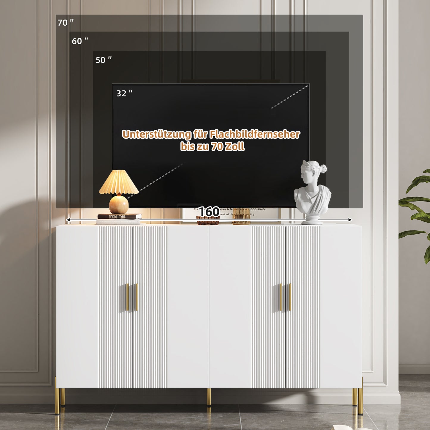 Wit Opbergmeubel – Opbergkast – Dressoir – Ladenkast – Buffetkast – Modern Design – Verstelbare Planken – Gouden Accenten – 160x35x100 cm