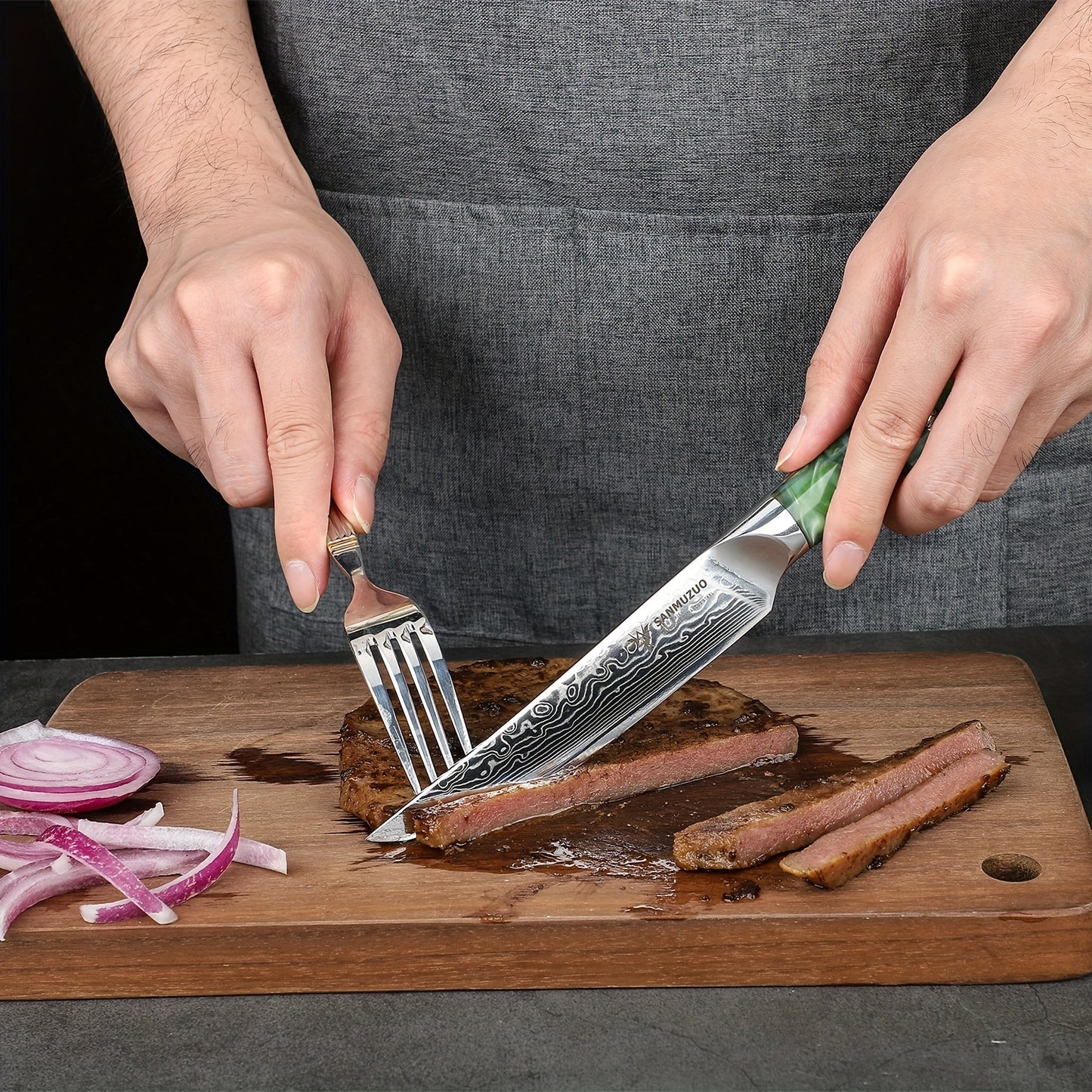 Steakmessen Set – Vleesmessen – Tafelmessen – Keukenmessen – Dinermessen – Ultra scherp – Damascus staal – 12,7 cm lemmet – Kunsthars jadegroen handvat