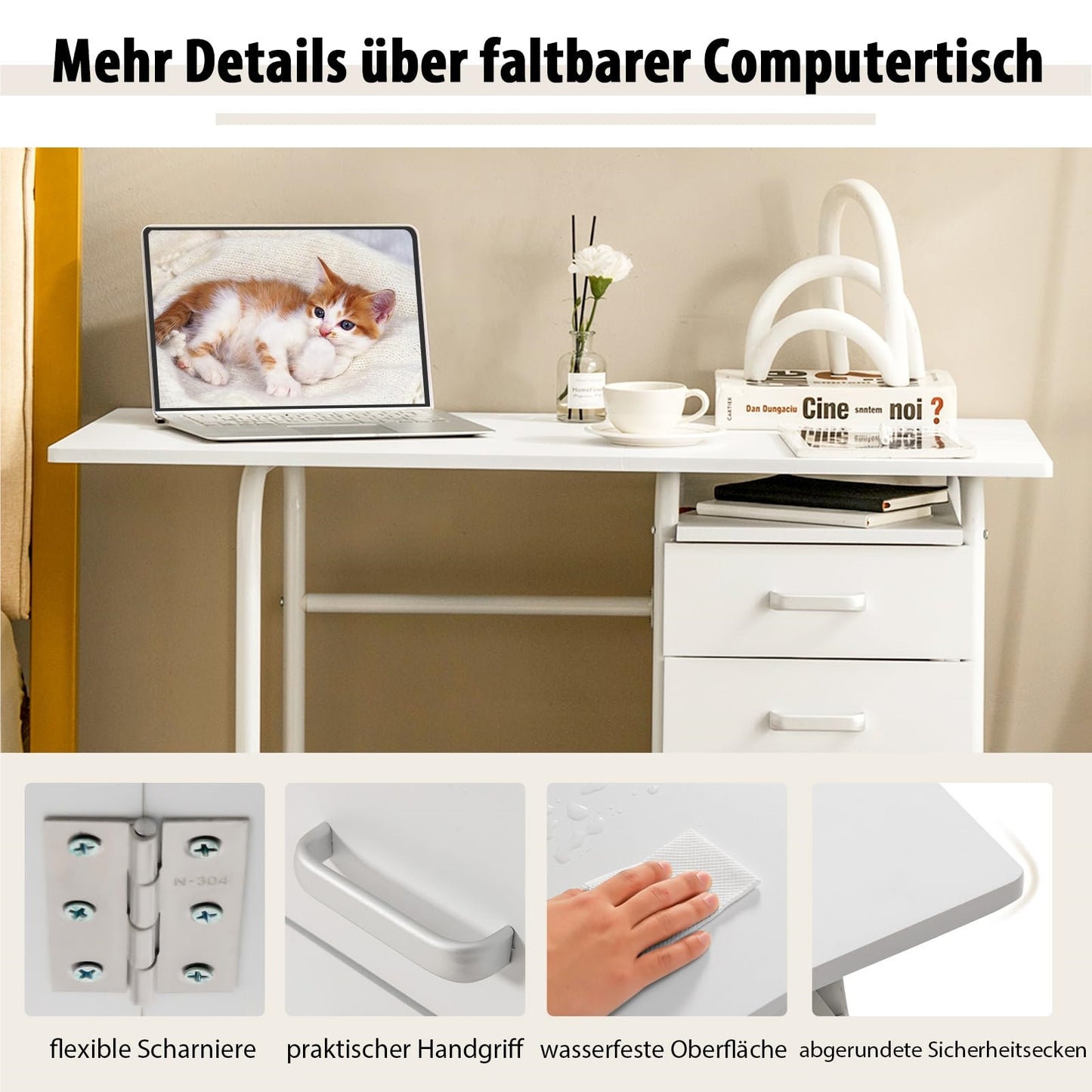Bureau – Computertafel – Bureautafel – Schrijftafel – Werkplek – Inklapbaar – 3 Laden – Met Wieltjes – Compact – Wit – MDF Tafelblad – Metalen Frame – 105x50x75 cm