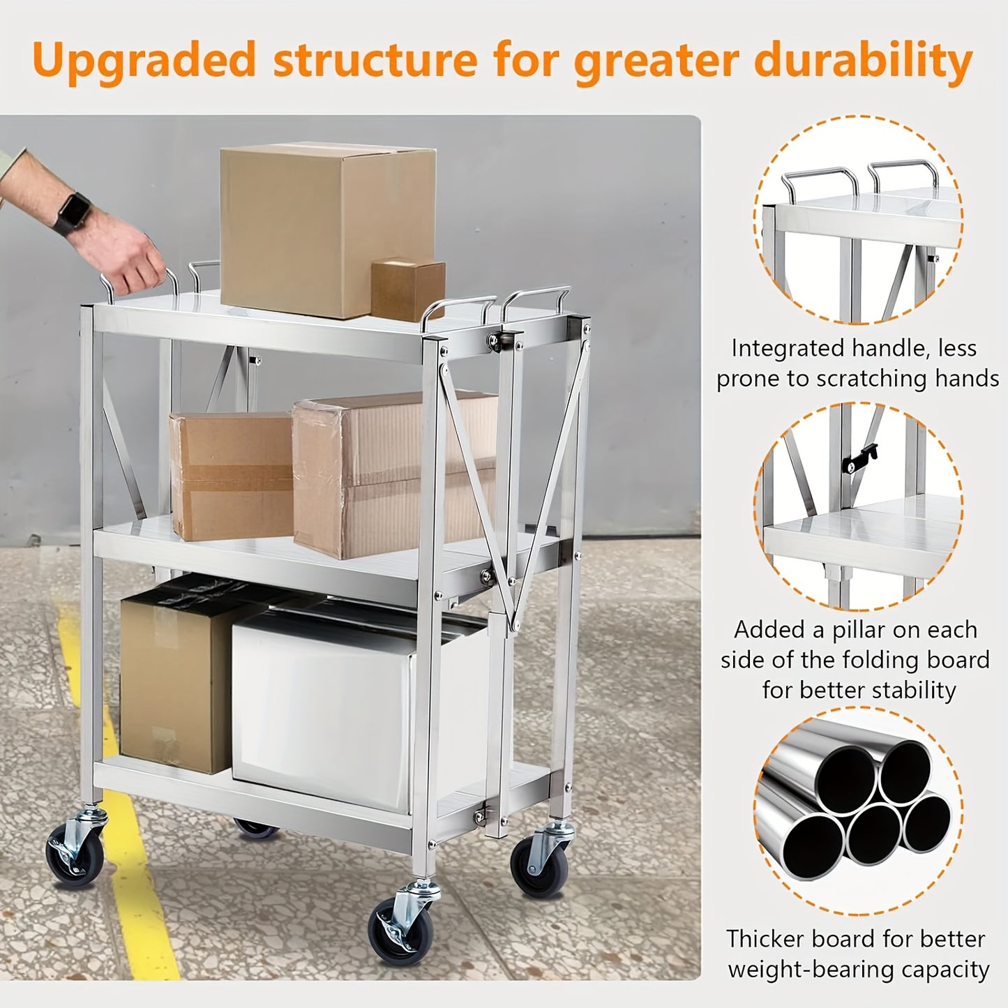 Opvouwbare Transportkar – Vouwbare Kar – Transportwagen – Trolley – Inklapbare Kar – Zilveren Variant – Draagkracht 181 kg – 3 Stevige Planken – Vergrendelbare Rubber Wielen – Ruimtebesparend Design