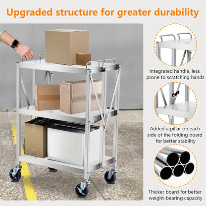 Opvouwbare Transportkar – Vouwbare Kar – Transportwagen – Trolley – Inklapbare Kar – Zilveren Variant – Draagkracht 181 kg – 3 Stevige Planken – Vergrendelbare Rubber Wielen – Ruimtebesparend Design