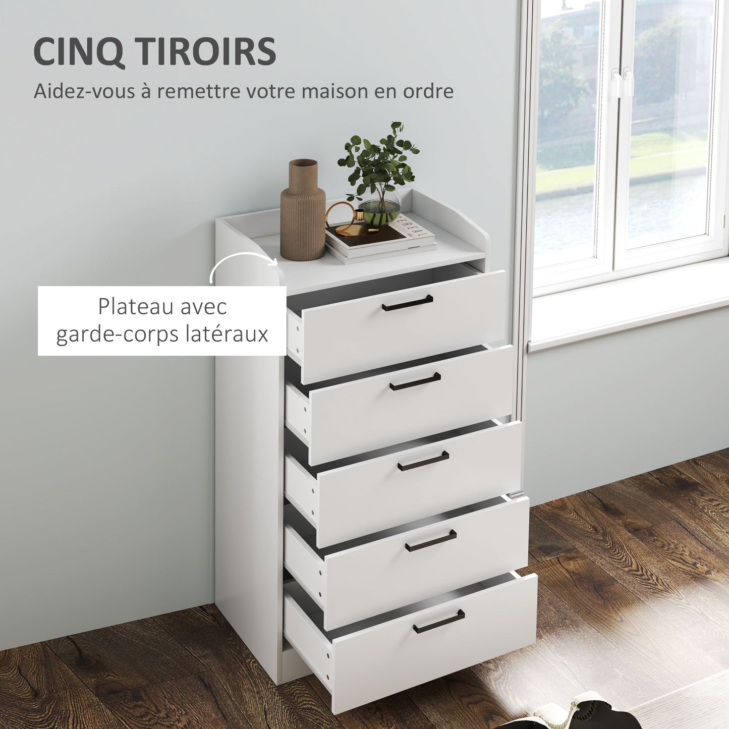 Ladekast – Commode – Opbergkast – Kledingkast – Dressoir – 5 Lades – Melamine Afwerking – Anti-Kantel Systeem – Modern Wit