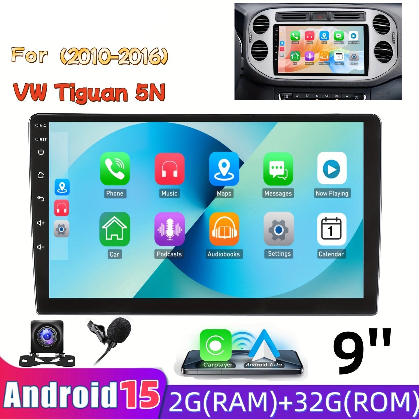 9 Inch Android 15 Autoradio – 2 DIN Multimedia Speler – Touchscreen Head Unit – CarPlay Android Auto – Voor VW Tiguan 2010-2016 – HD IPS Scherm – Split Screen Functie