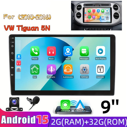 9 Inch Android 15 Autoradio – 2 DIN Multimedia Speler – Touchscreen Head Unit – CarPlay Android Auto – Voor VW Tiguan 2010-2016 – HD IPS Scherm – Split Screen Functie