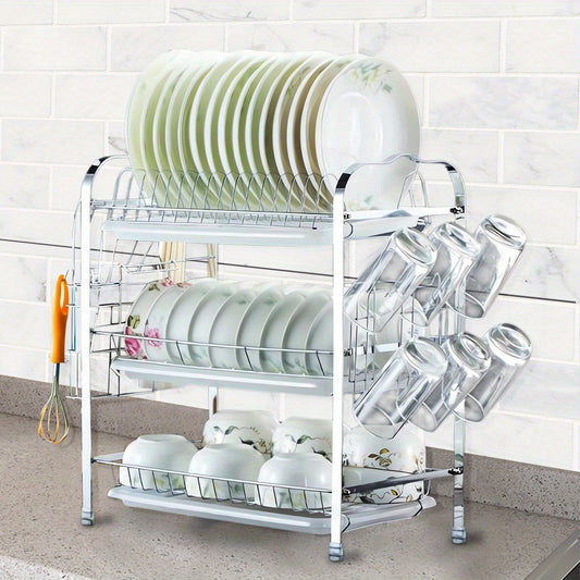 Afdroogrek Keuken – Vaatdroogrek – Dubbellaags Rek – Droogrek Metalen – Bestekhouder – Zilveren Heavy-Duty Rek – 42x25x49 cm – Draaggewicht 40 kg – Ruimtebesparend Design