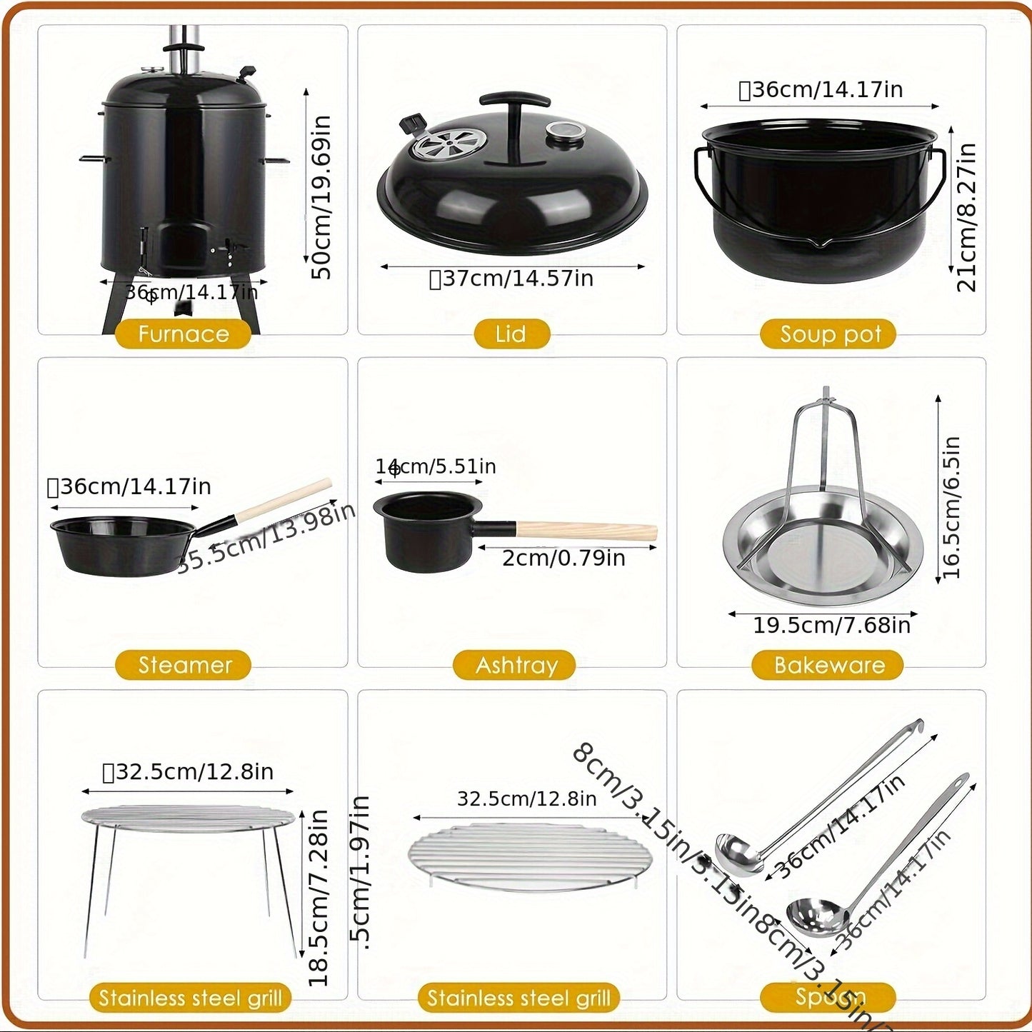 Gourmetstel – Raclette – Gourmetset – Fondue – Tafelgrill – Buitenoven met 17L + 8L geëmailleerde pannen – Ingebouwde thermometer & verstelbare ventilatie