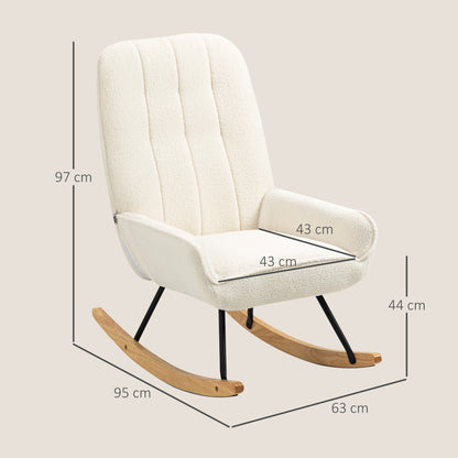 Schommelstoel – Relaxstoel – Fauteuil – Voedingsstoel – Lounge Stoel – Sherpa Fleece Bekleding – Stevig Rubberwood Frame 63x95x97 cm – Crèmewit