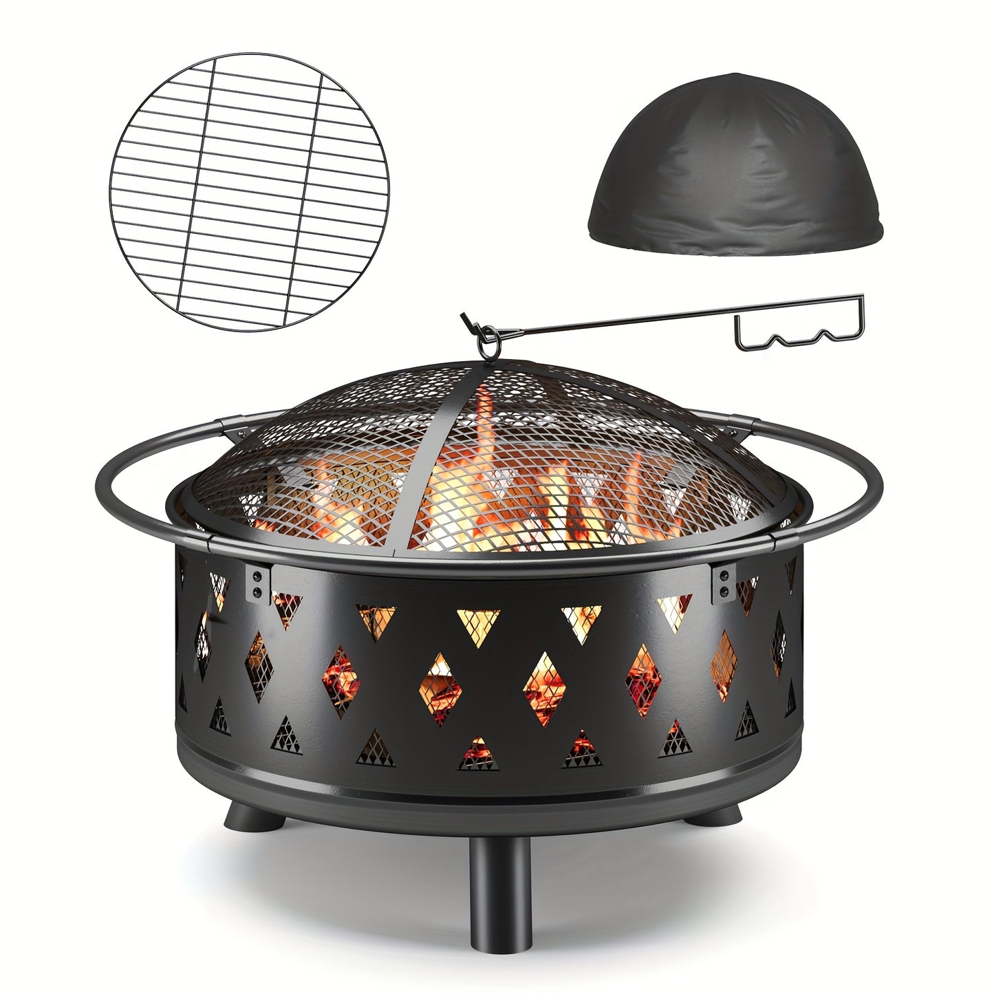 Vuurkorf – Tuinhaard – Buitenhaard – Terrashaard – Barbecuekorf – Zwart – Diameter 76 cm – Inclusief Grill en Sprankelvanger