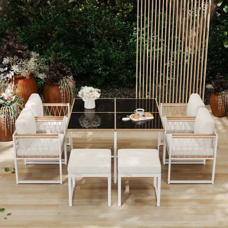 Tuinset – Diningset – Bistroset – Buitenmeubelset – Loungeset – 7-delig – 6 Personen – Tafel met Gehard Glas – Stoelen met PE Rattan en Acacia Hout