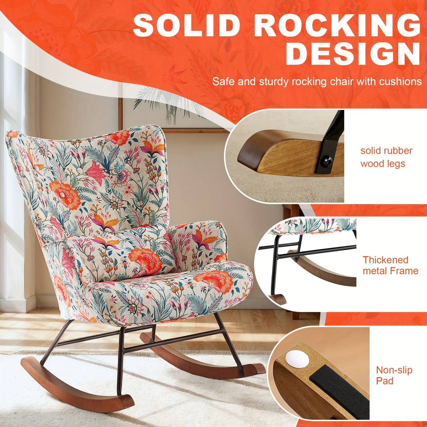 Bohemian Flower schommelstoel – Ergonomisch ontwerp met hoge rugleuning, lendenkussen en duurzaam metalen frame – Stijlvolle lounge- en leesstoel voor de woonkamer of het kantoor – Mix van kleuren