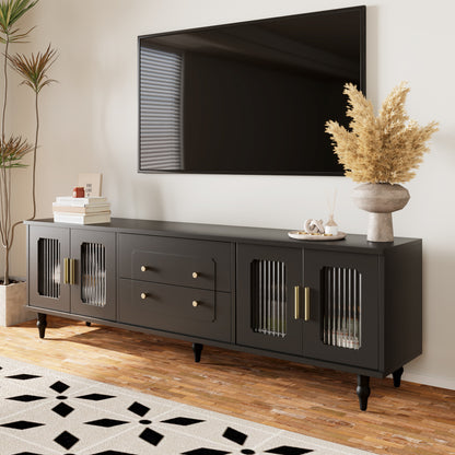 TV-meubel – Tv-kast – Mediawand – Lowboard – Tv-dressoir – Retro Design – Glazen Deuren – Massief Houten Poot – Geschikt Tot 80 Inch – MDF Constructie