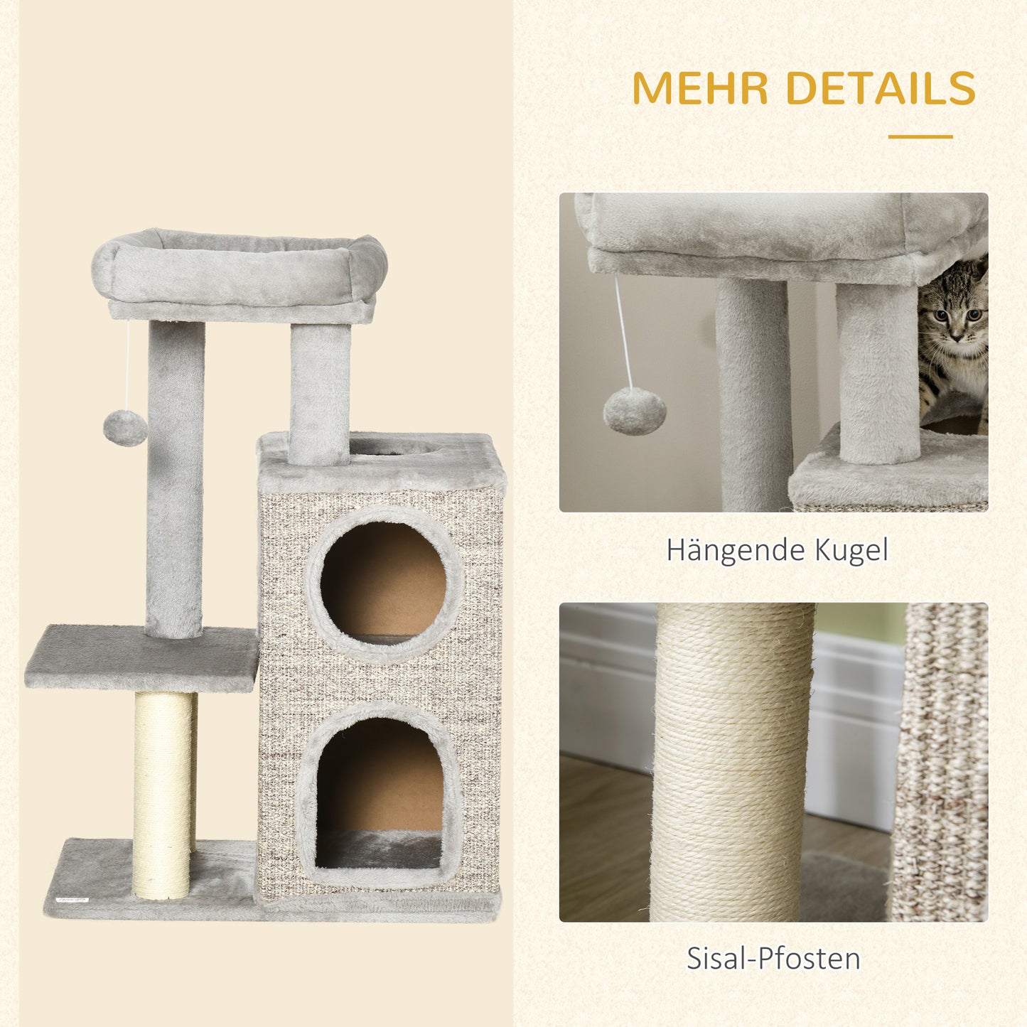 Krabpaal – Kattenkrabpaal – Kattenboom – Krabmeubel – Kattenhuis – Met Kattenhol En Speelbal – 91 cm Hoog – Lichtgrijs Met Natuurlijke Kleuren