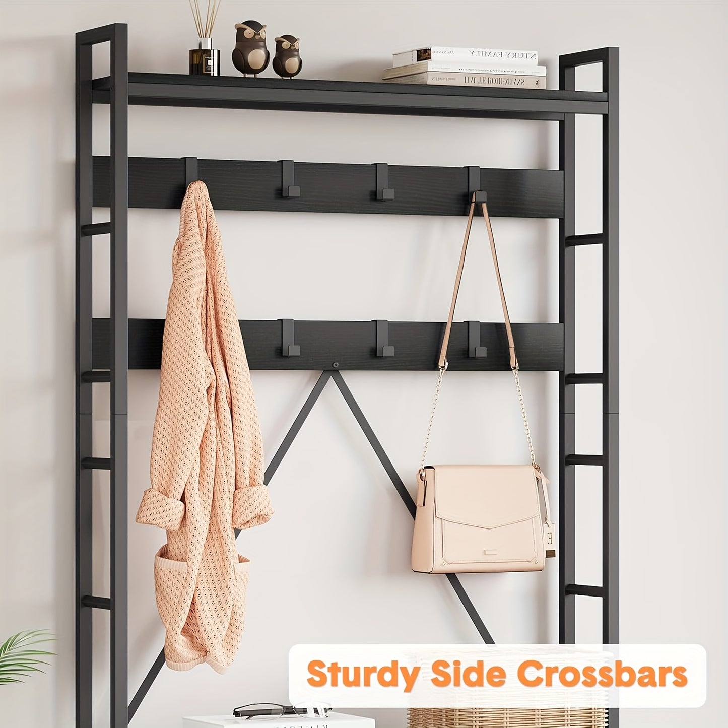 Industrial 5-in-1 Hall Tree with Bench - Black Hardwood & Metal Entryway Organizer, 136.08KG Capacity Coat Rack with Shoe Storage Cubbies, Hooks, Shelves & Umbrella Holder for Hallway, Living Room, Closet, Durable Constructio