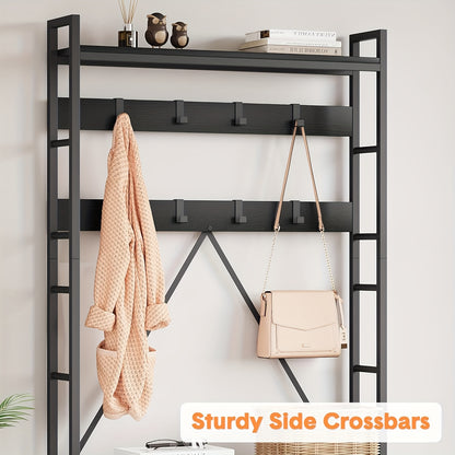 Halmeubel – Kapstok – Schoenenrek – Zitbank – Opbergmeubel – Industrieel Design – Robuuste MDF & Metaal – 62 kg Belastbaar – 5-in-1 Multifunctioneel Organizer – Zwart Houtkleur