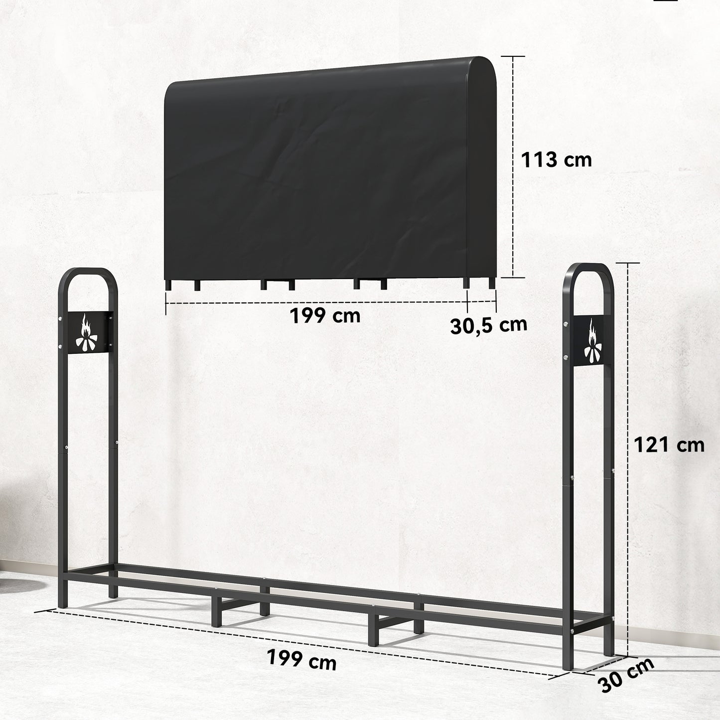 Houtrek – Houtopslag – Brandhoutrek – Buitenhaardrek – Houtbewaarrek – Zwart – 199x30x121 cm – Waterdichte hoes – Max. 300 kg draagvermogen