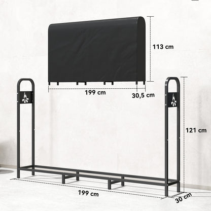 Houtrek – Houtopslag – Brandhoutrek – Buitenhaardrek – Houtbewaarrek – Zwart – 199x30x121 cm – Waterdichte hoes – Max. 300 kg draagvermogen