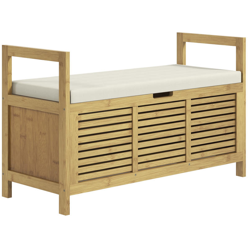 Modern Bamboo & Metal Shoe Storage Bench with Soft Cushioned Seat - Freestanding Entryway Organizer with Hidden Storage, Space-Saving Design for Hallway, Living Room, Bedroom - Sturdy Shoe Rack Bench with Soft Padding, 39.4"x