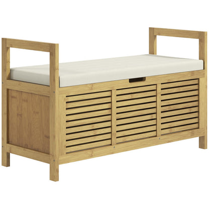 Modern Bamboo & Metal Shoe Storage Bench with Soft Cushioned Seat - Freestanding Entryway Organizer with Hidden Storage, Space-Saving Design for Hallway, Living Room, Bedroom - Sturdy Shoe Rack Bench with Soft Padding, 39.4"x