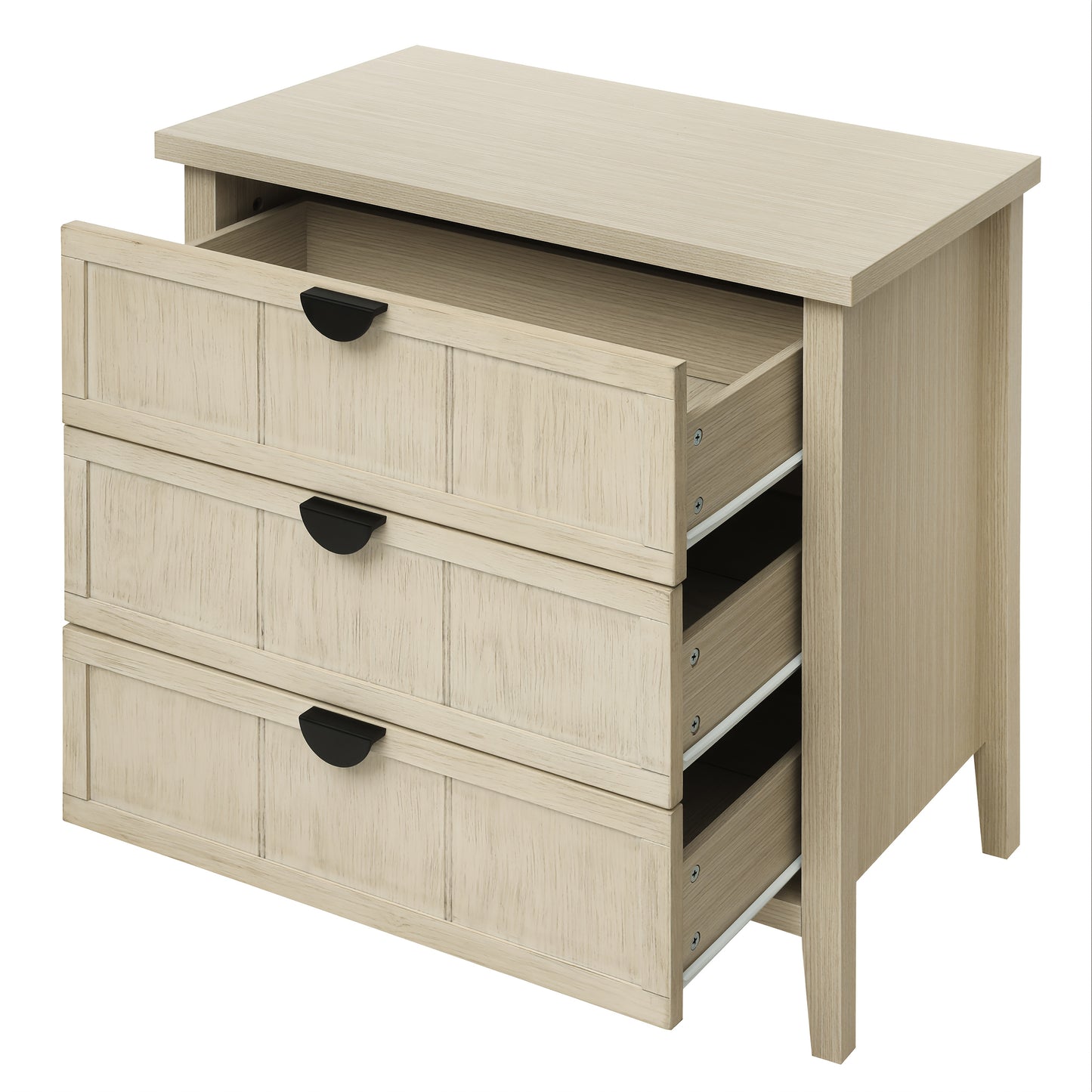 Ladekast – Dressoir – Opbergkast – Chest Of Drawers – Commode – 3 Lades – Natuurlijke Houtlook Met Gegraveerde Lijnen – Compact Formaat 80 x 40 x 80 cm