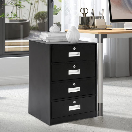 Metalen Opbergkast – Ladekast – Archiefkast – Documentenkast – Lockerkast – Stevig Koudgewalst Staal – 4 Lockable Laden met Sloten – Ruimtebesparend Verticaal Design – Zwart