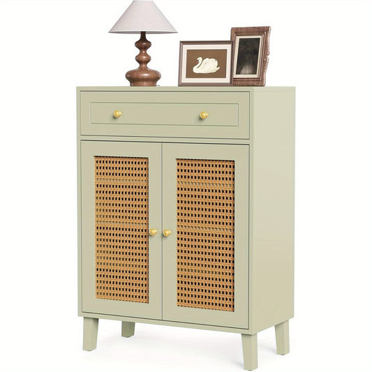 Schoenenkast – Schoenenrek – Schoenenopberger – Halkast – Schoenenkast Smal – Mintgroen Met Rattan Deuren – 4 Verstelbare Planken – Vrijstaand 80x40x111 cm
