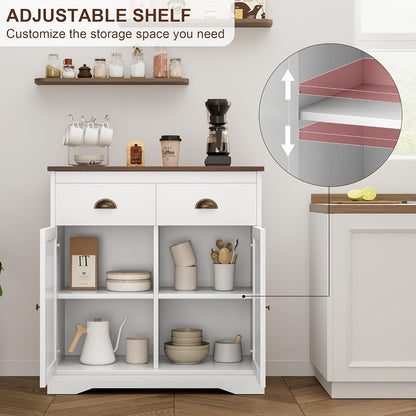 Dressoir – Keukenkast – Ladekast – Buffetkast – Opbergkast – Wit MDF – 80x40x90 cm – 2 Deuren en 2 Laden – Verstelbare Plank