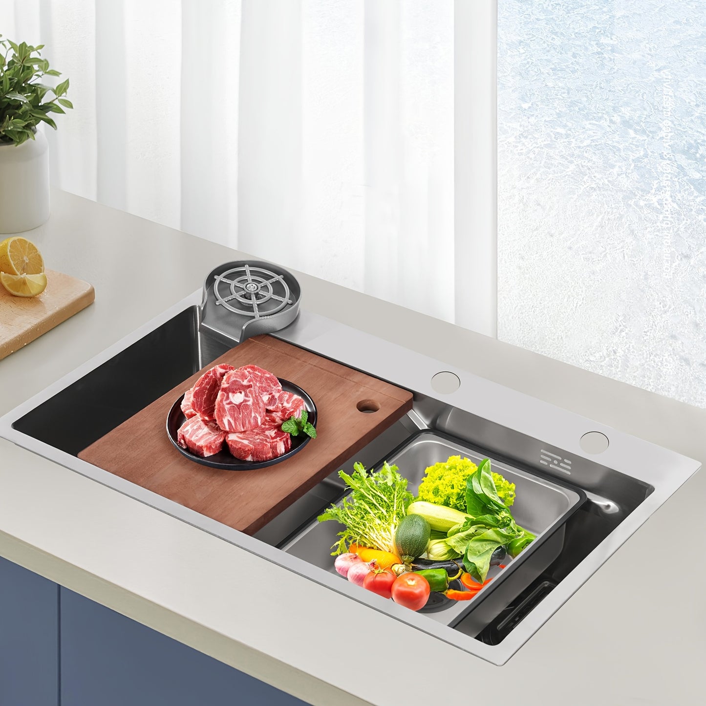 Spoelbak – Keukenspoelbak – RVS Wasbak – Inbouw Spoelbak – Multifunctionele Spoelbak – 304 RVS Met Nano-Coating – Inclusief Houten Snijplank & Afwateringsmand – 75x45x22 cm Silver