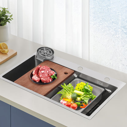Spoelbak – Keukenspoelbak – RVS Wasbak – Inbouw Spoelbak – Multifunctionele Spoelbak – 304 RVS Met Nano-Coating – Inclusief Houten Snijplank & Afwateringsmand – 75x45x22 cm Silver