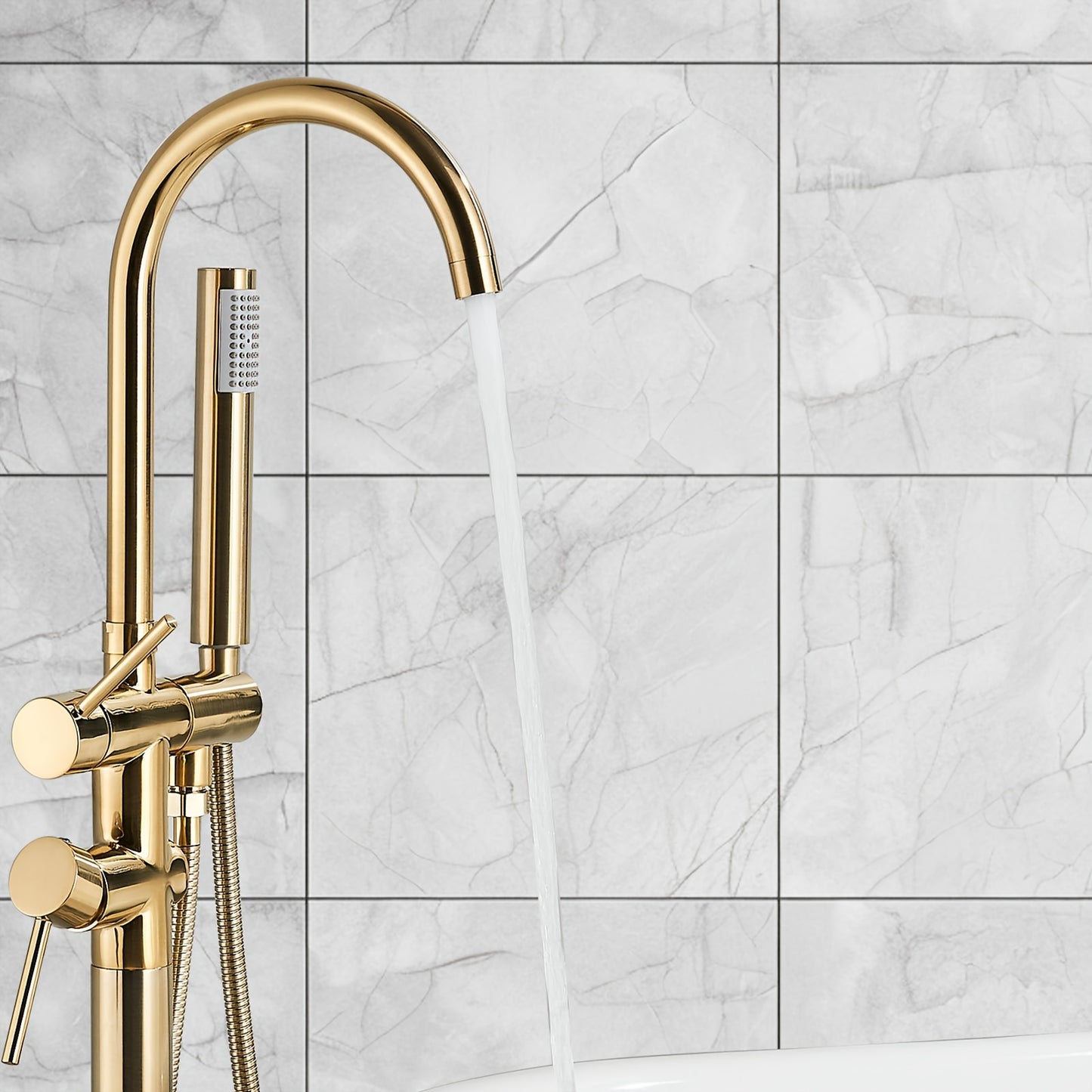 Vrijstaande Badkraan – Vloerkraan – Badmengkraan – Vloermontage Kraan – Staande Mengkraan – Geborsteld Goud – 118 cm Hoog – Keramische Valve