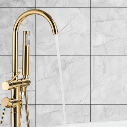 Vrijstaande Badkraan – Vloerkraan – Badmengkraan – Vloermontage Kraan – Staande Mengkraan – Geborsteld Goud – 118 cm Hoog – Keramische Valve
