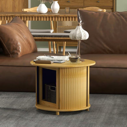 Ronde Bijzettafel – Salontafel – Tafel Met Opbergruimte – Sofa Tafeltje – Schuifdeur Kastje – Bamboe Materiaal – Weerbestendig Design 60x45 cm