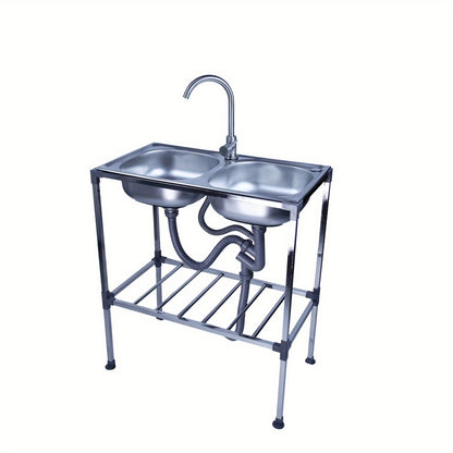 Dubbele Wasbak – RVS Spoelbak – Vrijstaande Wasbak – Draagbare Wasbak – Keuken Wasbak – Roestvrij Staal – Warm- en Koudwaterkraan – Afmetingen 75x40x83 cm