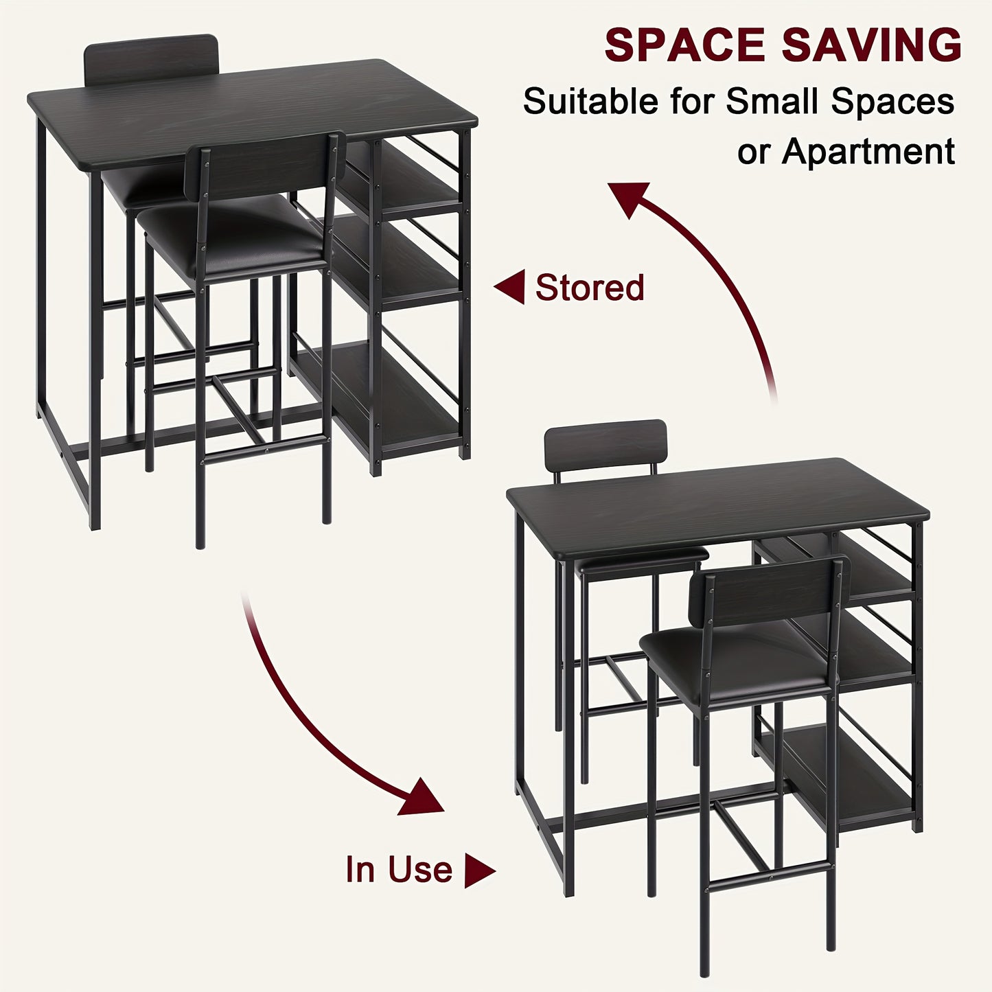 Bar Table Set with 2 Stools - Heavy-Duty Metal MDF Construction, Space-Saving Kitchen Dining Table with 3 Shelves, Sturdy Legs & Non-Slip Floor - Compact for Small, Apartment, Home, Restaurant - Easy Assembly, Modern Farmhous