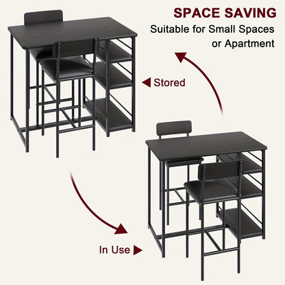 Bar Table Set with 2 Stools - Heavy-Duty Metal MDF Construction, Space-Saving Kitchen Dining Table with 3 Shelves, Sturdy Legs & Non-Slip Floor - Compact for Small, Apartment, Home, Restaurant - Easy Assembly, Modern Farmhous