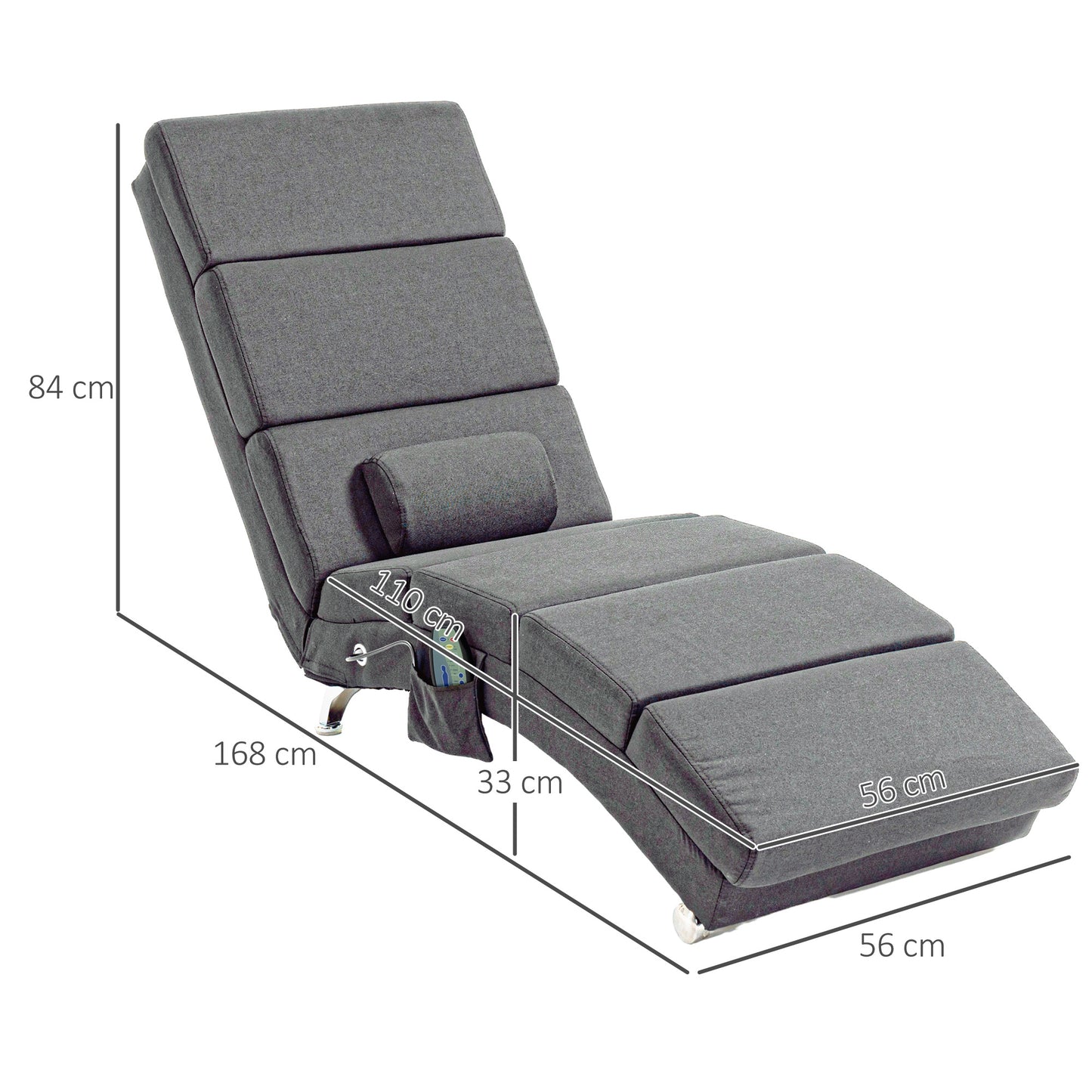Massage Relaxfauteuil – Relaxstoel – Ligstoel – Fauteuil – Verstelbare Stoel – Donkergrijs – 8 Vibratiepunten – 5 Massagemodi – Ruime Afmetingen 56x168x84 cm