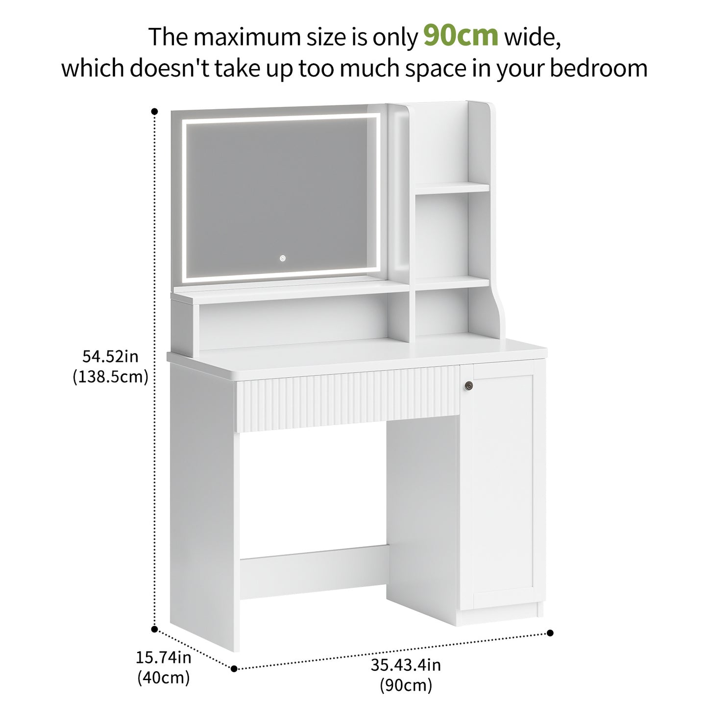 Make-up Tafel – Make-up Bureau – Kaptafel – Schoonheidstafel – Visagie Tafel – Wit Hout & Glas – 90 cm Breedte – 3,2 Kubieke Voet Opbergruimte – Inclusief Zachte Zitbank