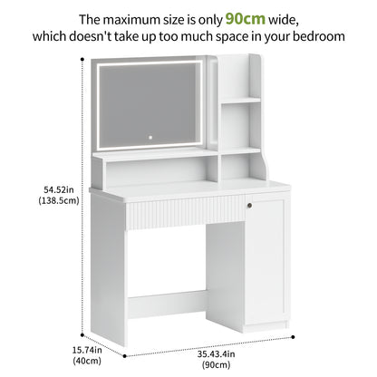 Make-up Tafel – Make-up Bureau – Kaptafel – Schoonheidstafel – Visagie Tafel – Wit Hout & Glas – 90 cm Breedte – 3,2 Kubieke Voet Opbergruimte – Inclusief Zachte Zitbank