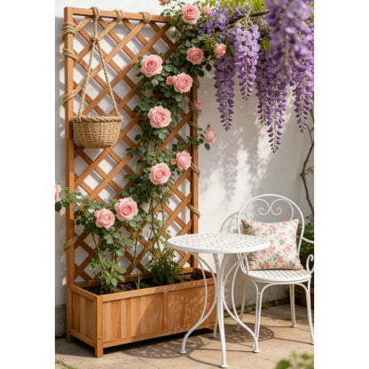 Brown Solid Fir Wood Plant Pot with Trellis | Small Apartment Balcony Festive Climbing Plants, Easy Assembly, Space-Saving, Modern Style, Plaid Pattern, Lacquered