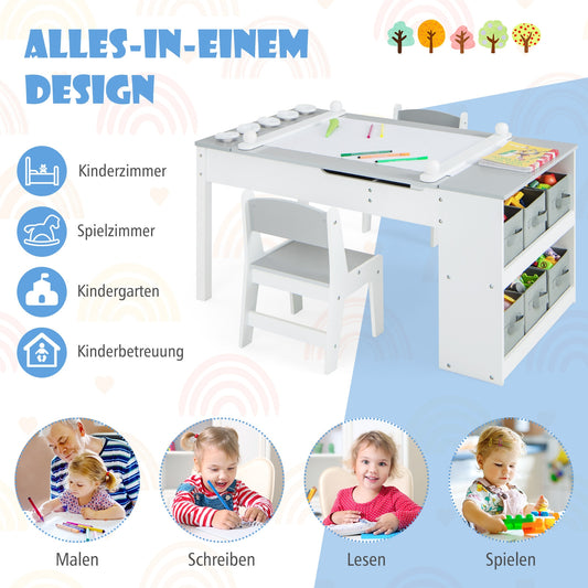 Kindertafel – Kinderbureau – Speeltafel – Knutseltafel – Schildersezel – Houten 3-in-1 Zetelset – Met Opbergruimte & Lift-Top Tafelblad – Grijs