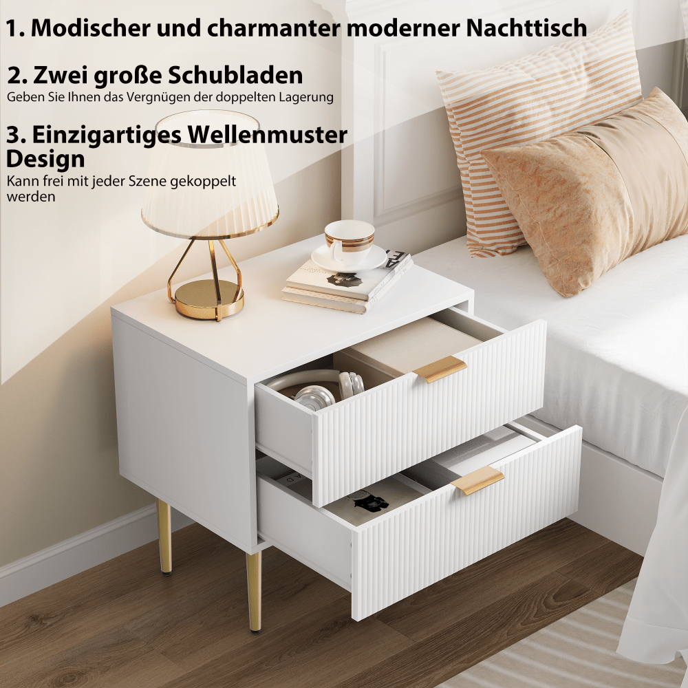 Nachtkastje – Bedside Table – Nachtkast – Bijzettafel – Opberglade – Modern Design – 2 Lades – Stevige Metalen Poten – Compact 53x41,5 cm