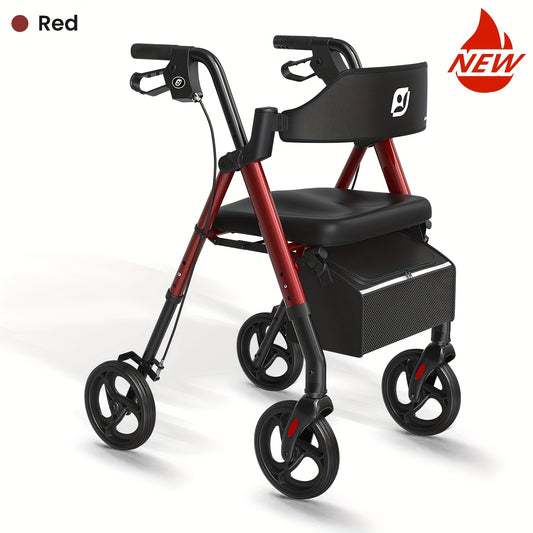 Opvouwbare Rollator – Looprek – Wandelwagen – Rollator Met Zitje – Seniorenrollator – Aluminium Frame – Grote 20,32 cm Wielen – Verstelbare Hoogte – Ergonomisch Zitje – Draagvermogen 136 kg – Rood