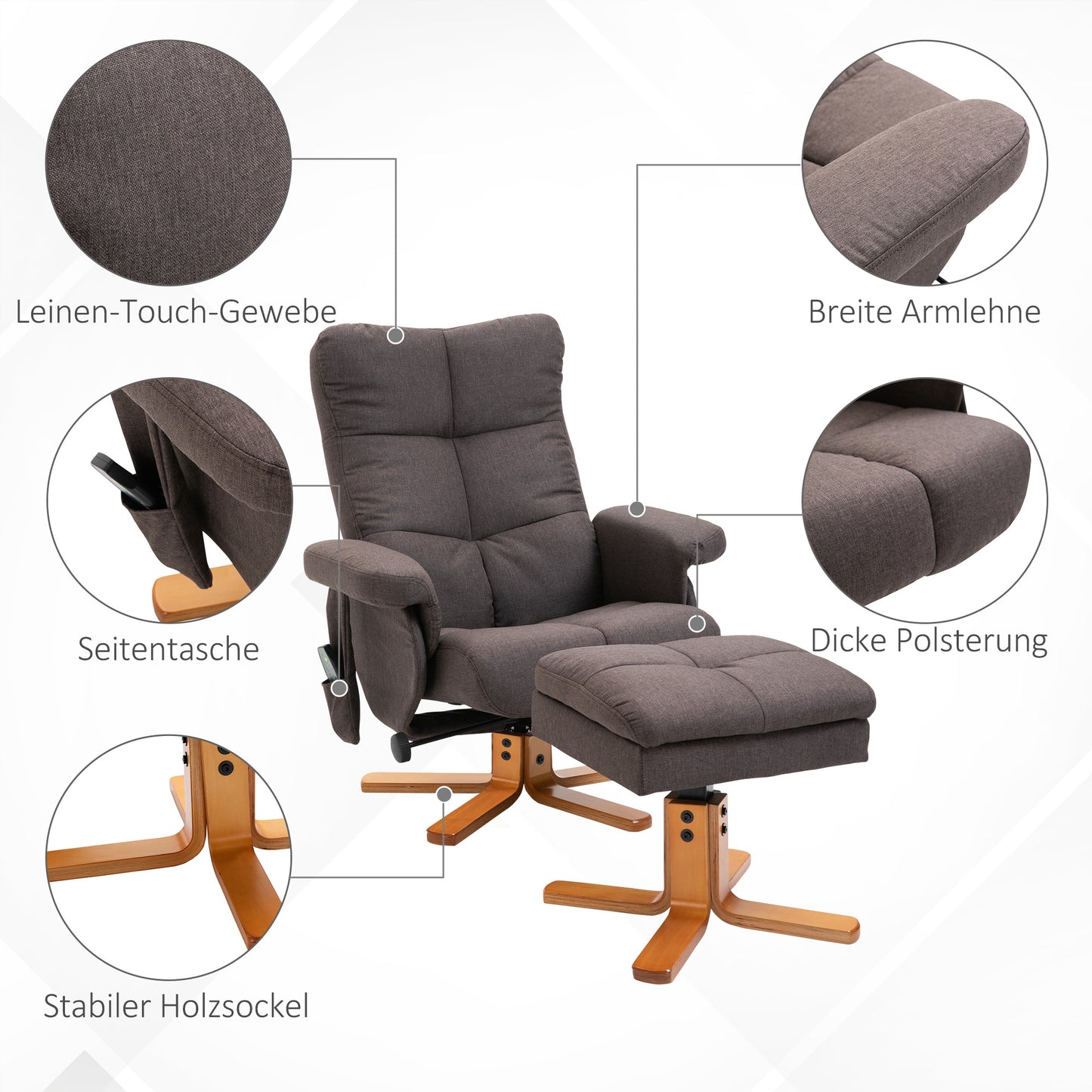 Relaxfauteuil – Draaifauteuil – Elektrische Stoel – Massagestoel – Ligfauteuil – Met Voetenbank – Massagefunctie en Opbergruimte – Robuust Houten Frame – Polyester Bekleding – Bruin