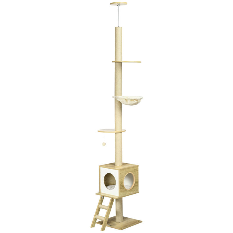 Cat Tree, 49cm, Sisal Scratching Post, Ball Run, Play Ball, Spring, 4-in-1 Design, Oak, White Cat climbing frame, cat tree, cat jumping platform, multifunctional cat tree, cat toy, duplex cat bed, Pet Play Tower, Feline Enric