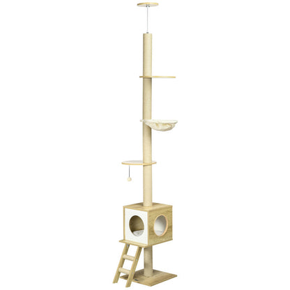 Cat Tree, 49cm, Sisal Scratching Post, Ball Run, Play Ball, Spring, 4-in-1 Design, Oak, White Cat climbing frame, cat tree, cat jumping platform, multifunctional cat tree, cat toy, duplex cat bed, Pet Play Tower, Feline Enric