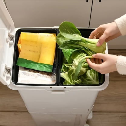 32L Large Capacity Heavy-Duty Plastic Kitchen Trash Can with Double-Layer Dry/Wet Separation, Odor-Sealing Lid & Step-Top Operation - Modern Rectangular Bin with Glossy Finish, Space-Saving Design, 3-Tier No Bend Design, Whee