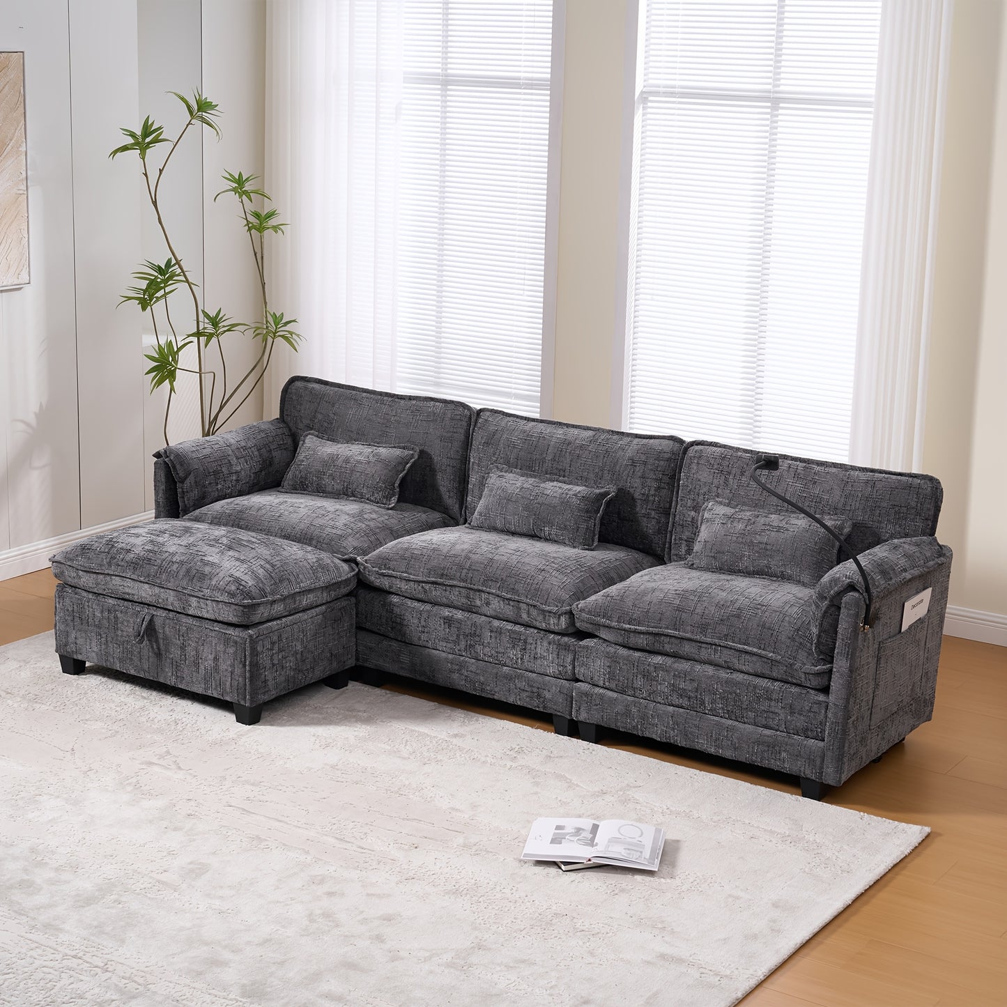 Tweezitsbank – 2-Zitsbank – Loveseat – Bankstel – Moderne Grijze Sofa – Zijvakken Voor Opbergruimte – Afneembare Ottoman – Duurzaam Bambushout