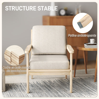 Scandinavische Fauteuil – Relaxstoel – Leunstoel – Woonkamerstoel – Slaapkamerstoel – Linnen-Effect Bekleding – Verwijderbare Wasbare Kussens – Licht Houten Frame – Beige – 62 x 82 x 82 cm