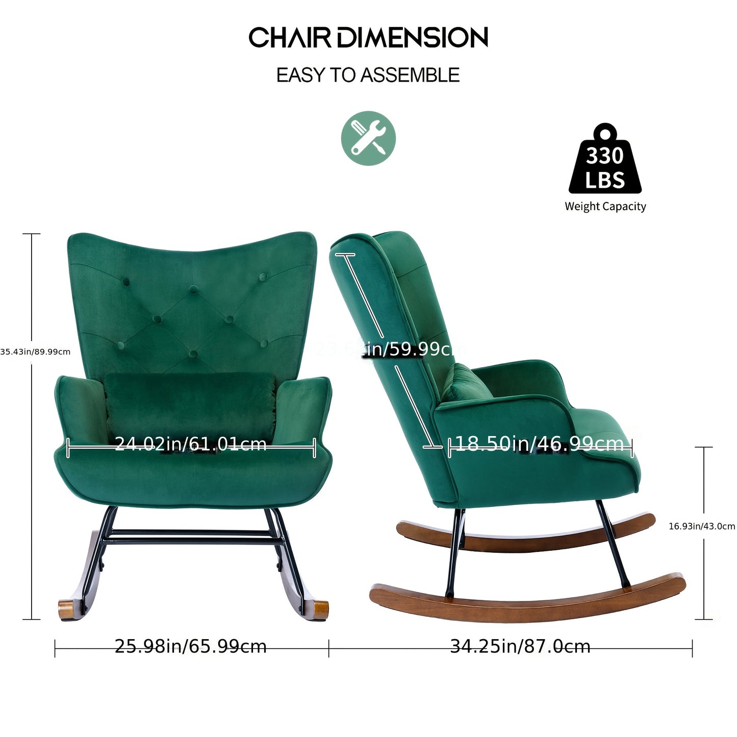 Schommelstoel – Relaxstoel – Fauteuil – Loungestoel – Voedingsstoel – Donkergroen – Velvet Bekleding – Houten Onderstel Met Metaal