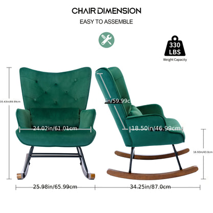 Schommelstoel – Relaxstoel – Fauteuil – Loungestoel – Voedingsstoel – Donkergroen – Velvet Bekleding – Houten Onderstel Met Metaal
