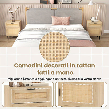 Nachtkastje – Bedside Table – Opbergkastje – Slaapkamerkastje – Tafeltje – Set Van 2 – Natuurlijk Rattan Met Metalen Poten – Lade En Kastje